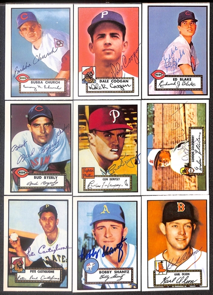 Lot of (38) Signed 1980 1952 Topps Reprint Cards inc. Warren Spahn, Mickey Vernon, Johnny Presky, Del Ennis, Floyd Baker, + (Beckett BAS Reviewed)