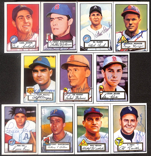 Lot of (38) Signed 1980 1952 Topps Reprint Cards inc. Warren Spahn, Mickey Vernon, Johnny Presky, Del Ennis, Floyd Baker, + (Beckett BAS Reviewed)