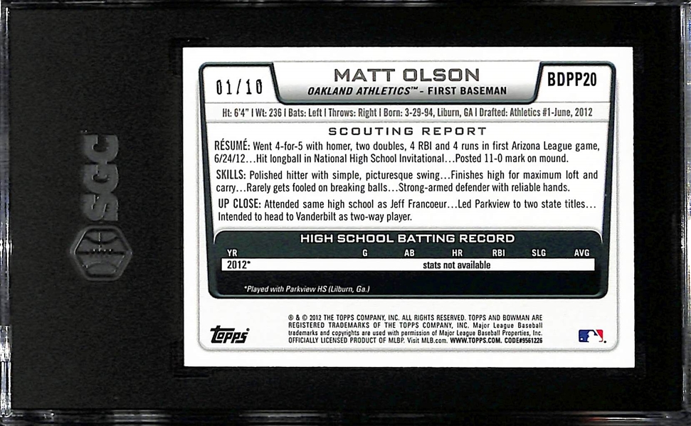 2011 Bowman Draft Picks Matt Olson Purple Ice Foil Rookie Card Graded SGC 9.5 (#/10)