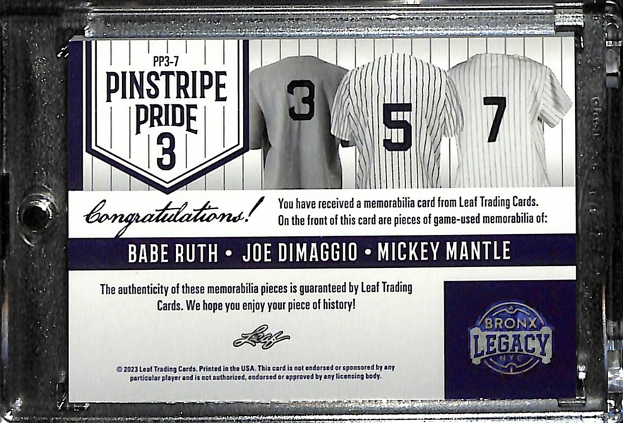 2023 Leaf Bronx Legacy Babe Ruth/Joe DiMaggio/Mickey Mantle Triple Relic (#/6)