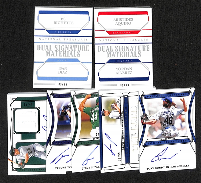 Lot of (7) 2020 National Treasures Baseball Rookie Autographs inc. Bo Bichette/Isan Diaz Dual Patch Booklet (#/99), Aristides Aquino/Yordan Alvarez Dual Patch Booklet (#/99), +