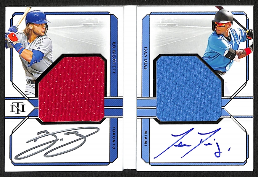 Lot of (7) 2020 National Treasures Baseball Rookie Autographs inc. Bo Bichette/Isan Diaz Dual Patch Booklet (#/99), Aristides Aquino/Yordan Alvarez Dual Patch Booklet (#/99), +