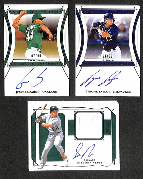 Lot of (7) 2020 National Treasures Baseball Rookie Autographs inc. Bo Bichette/Isan Diaz Dual Patch Booklet (#/99), Aristides Aquino/Yordan Alvarez Dual Patch Booklet (#/99), +