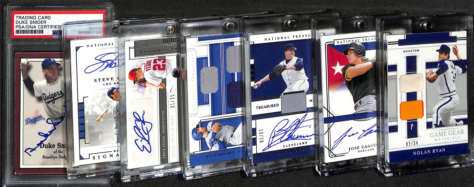 Lot of (7) Baseball Autograph and Jersey Cards Mostly 2020 National Treasures Cards inc. Nolan Ryan Double Jersey (#/34), Jose Conseco Autograph (#/25), +