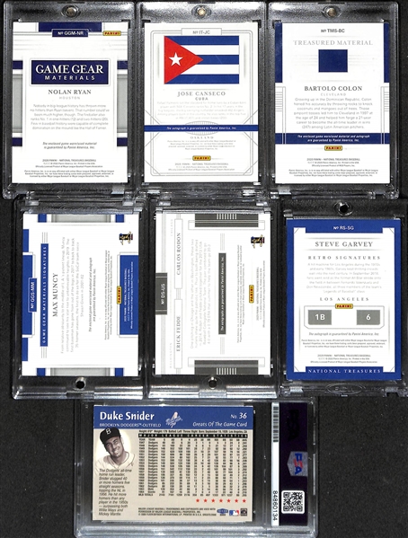 Lot of (7) Baseball Autograph and Jersey Cards Mostly 2020 National Treasures Cards inc. Nolan Ryan Double Jersey (#/34), Jose Conseco Autograph (#/25), +