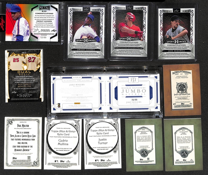 Lot of (12) Baseball Autograph and Relic Cards inc. (2) Dwight Gooden Autographs (1) (#/99) (1) (#/49), Christian Encarnacion-Strand Rookie Autograph (#/20), +