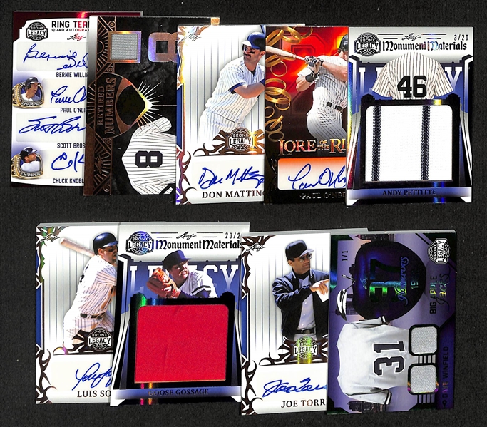 Lot of (9) 2023 Leaf Bronx Legacy Autographs and Relics inc. Bernie WIlliams/Paul O'Neill,Scott Brosius/Chuck Knoblauch Quad Autograph (#/5), Yogi Berra Jersey Patch (#/35), +