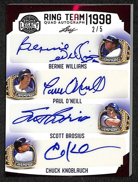 Lot of (9) 2023 Leaf Bronx Legacy Autographs and Relics inc. Bernie WIlliams/Paul O'Neill,Scott Brosius/Chuck Knoblauch Quad Autograph (#/5), Yogi Berra Jersey Patch (#/35), +