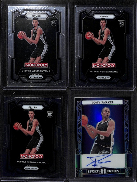  Lot of (12) Basketball Cards inc (4) Victor Wembanyama Rookies, Anthony Edward Prizm Rookie, Tony Parker Autograph (#/6), Julius Erving Jersey Patch (#/15), +