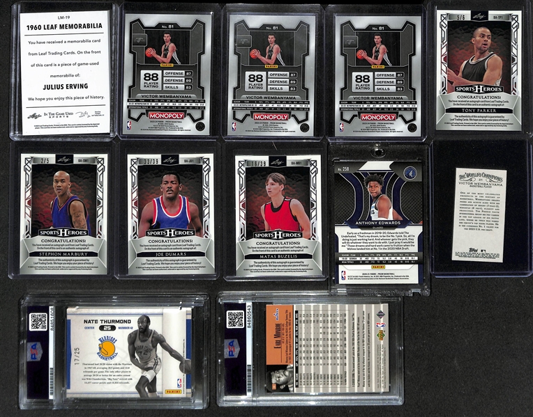  Lot of (12) Basketball Cards inc (4) Victor Wembanyama Rookies, Anthony Edward Prizm Rookie, Tony Parker Autograph (#/6), Julius Erving Jersey Patch (#/15), +