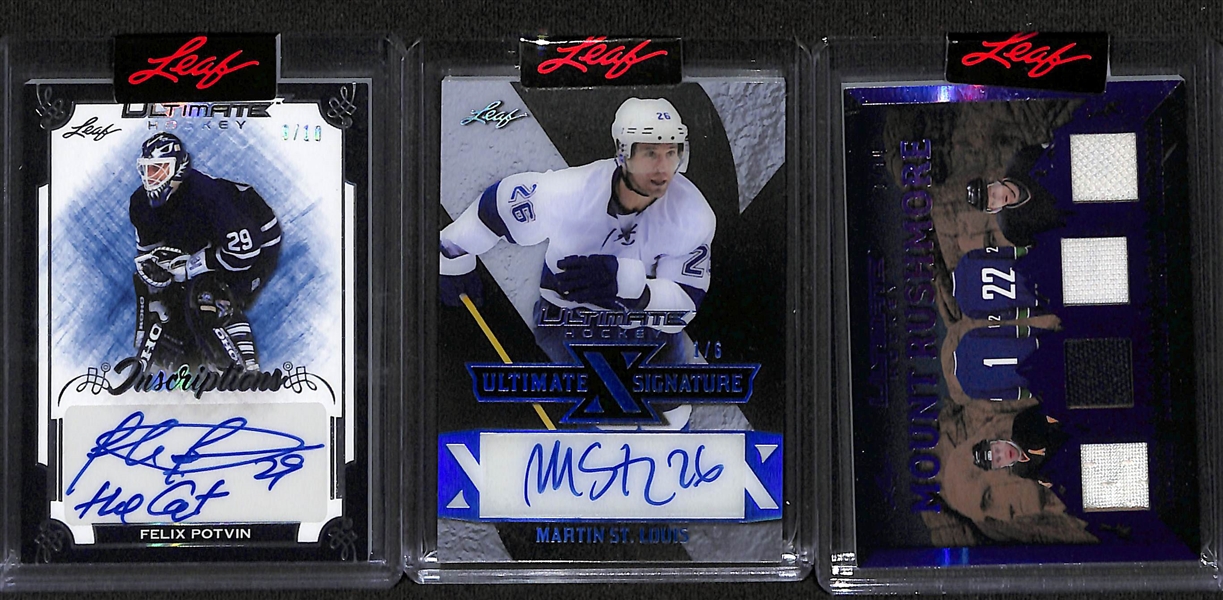 Lot of (3) 2023 Leaf Ultimate Hockey Cards- Felix Potvin Autograph (#/10), Martin St Louis Autograph (#/6), Pavel Bure/Roberto Luongo/Daniel Sedin/Marcus Naslund Quad Jersey (#/10)