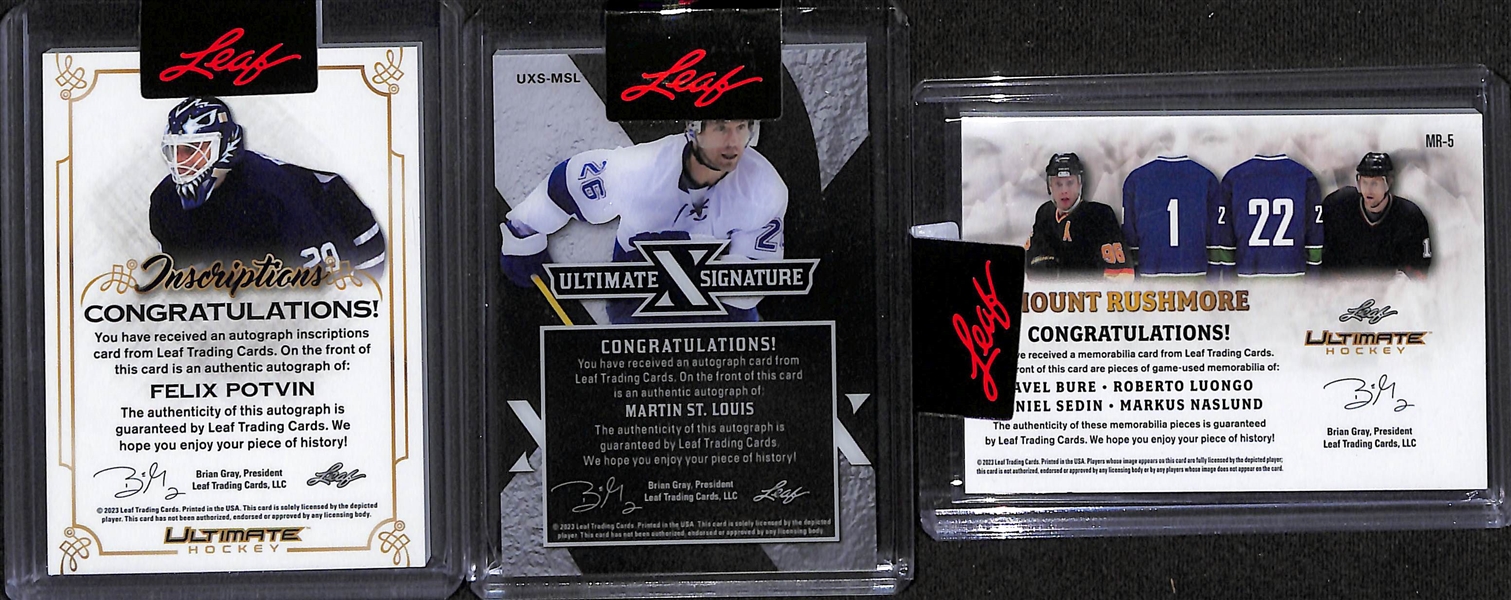 Lot of (3) 2023 Leaf Ultimate Hockey Cards- Felix Potvin Autograph (#/10), Martin St Louis Autograph (#/6), Pavel Bure/Roberto Luongo/Daniel Sedin/Marcus Naslund Quad Jersey (#/10)