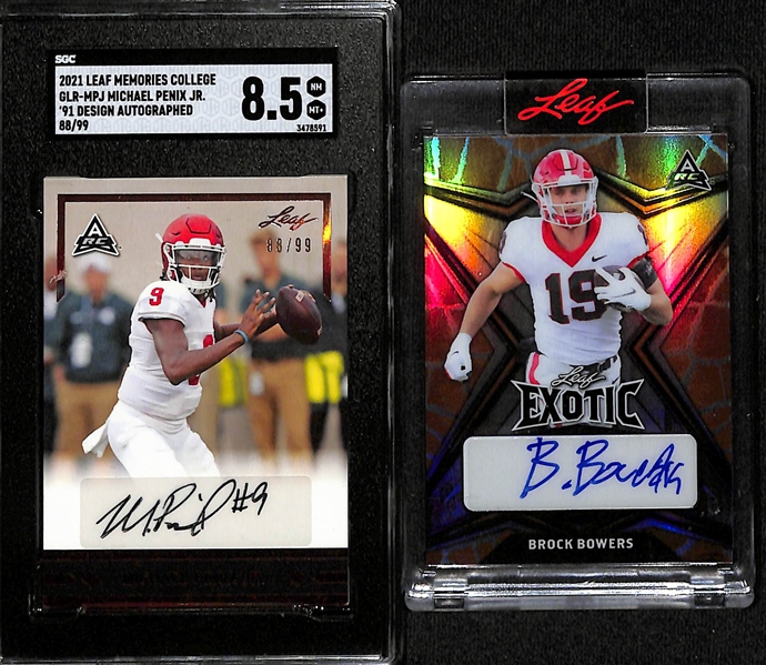 Lot of (2) Leaf Rookie Autographs- 2021 College Memories Michael Penix Jr (SGC 8.5) (#/99), 2022 Exotic Brock Bowers (#/5)