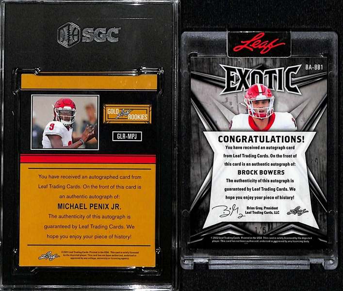 Lot of (2) Leaf Rookie Autographs- 2021 College Memories Michael Penix Jr (SGC 8.5) (#/99), 2022 Exotic Brock Bowers (#/5)