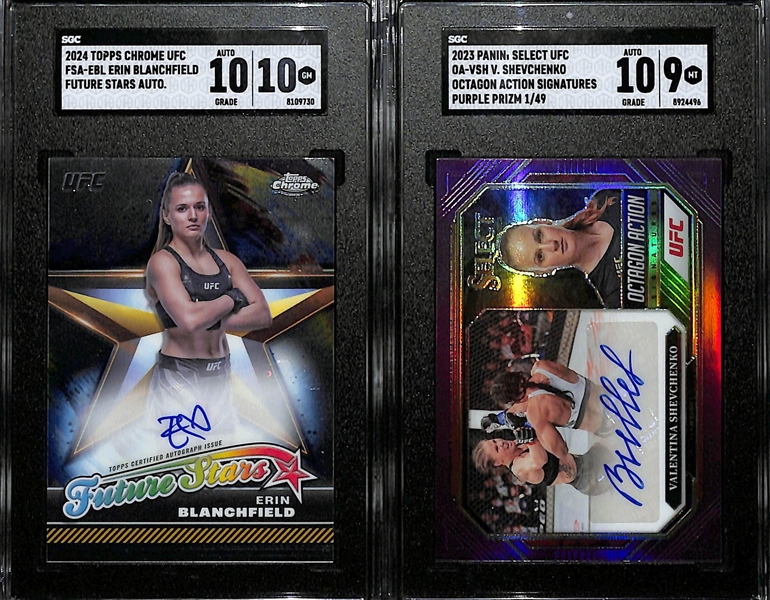 Lot of (2) SGC Graded UFC Autographs- 2024 Topps Chrome Erin Blanchfield Future Stars (SGC 10)) (10 Auto), 2023 Select Valentina Shevchenko (SGC 9) (#/49) (10 Auto)