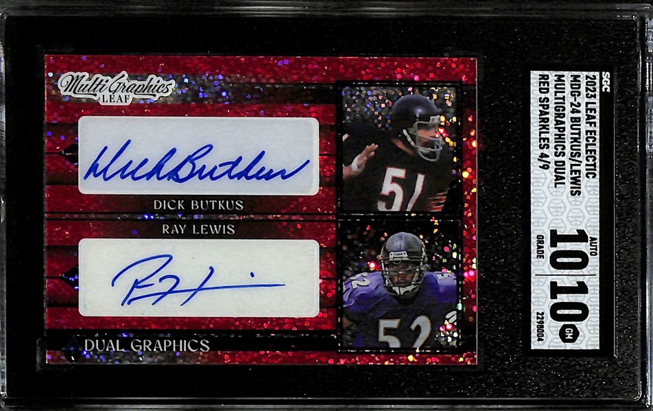 2023 Leaf Eclectic Dick Butkus/Ray Lewis Dual Autograph Red Sparkle Graded SGC 10 (10 Auto) (#/9)