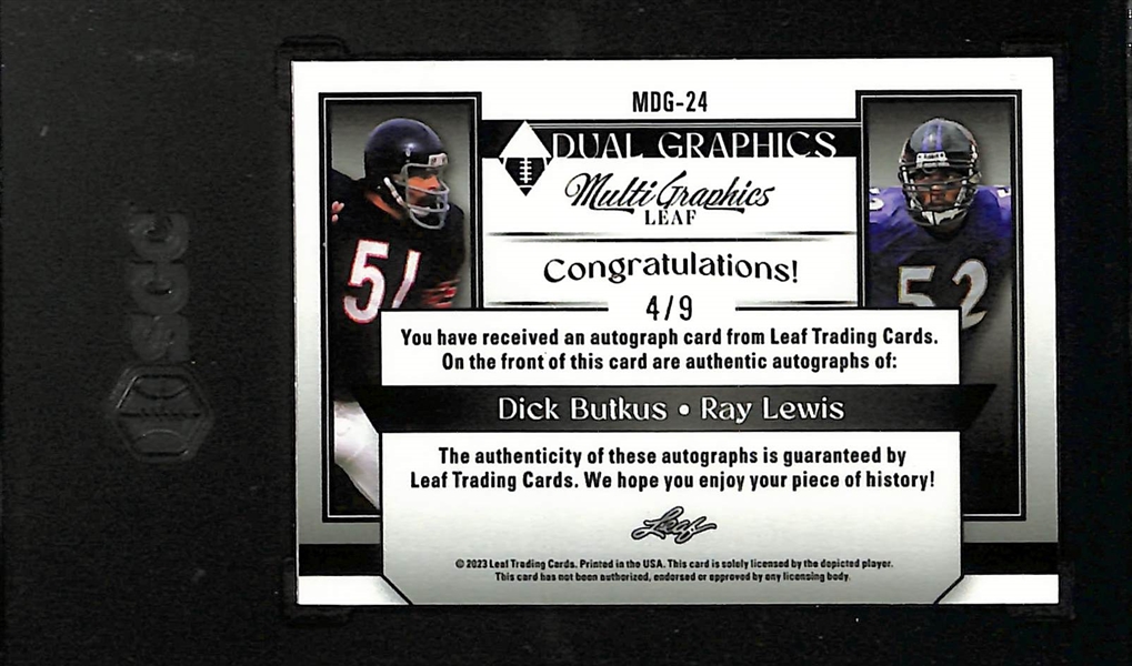 2023 Leaf Eclectic Dick Butkus/Ray Lewis Dual Autograph Red Sparkle Graded SGC 10 (10 Auto) (#/9)