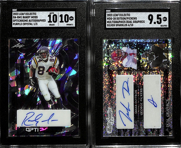 Lot of (2) SGC Graded 2023 Leaf Eclectic Autographs- Randy Moss (SGC 10) (10 Auto) (#/3), Jahan Dotson/George Pickens Dual (SGC 9.5) (#/10)