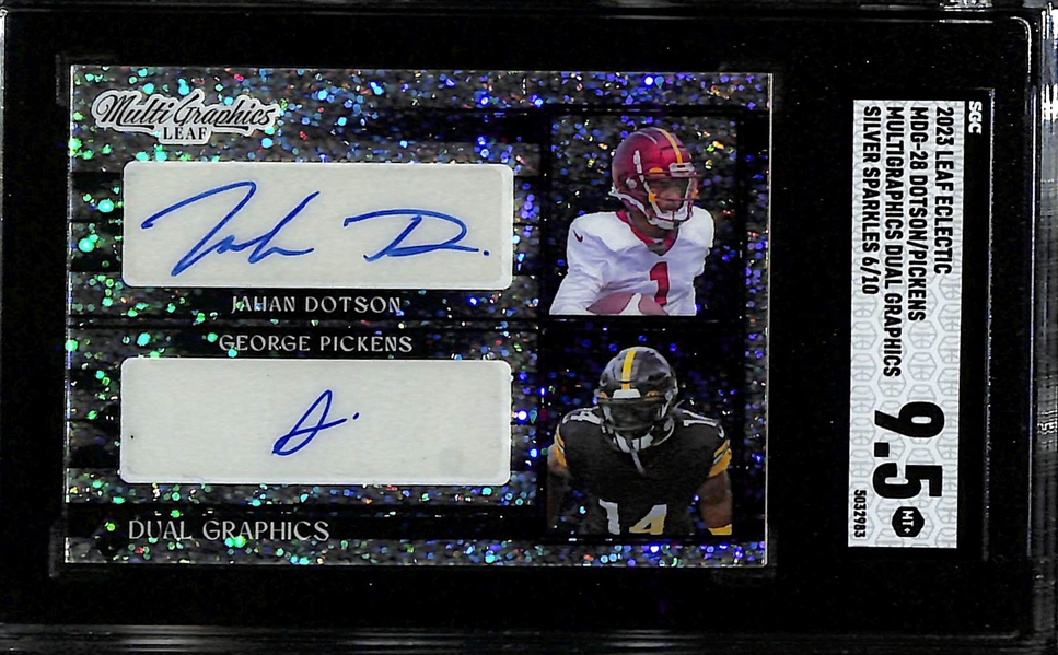 Lot of (2) SGC Graded 2023 Leaf Eclectic Autographs- Randy Moss (SGC 10) (10 Auto) (#/3), Jahan Dotson/George Pickens Dual (SGC 9.5) (#/10)