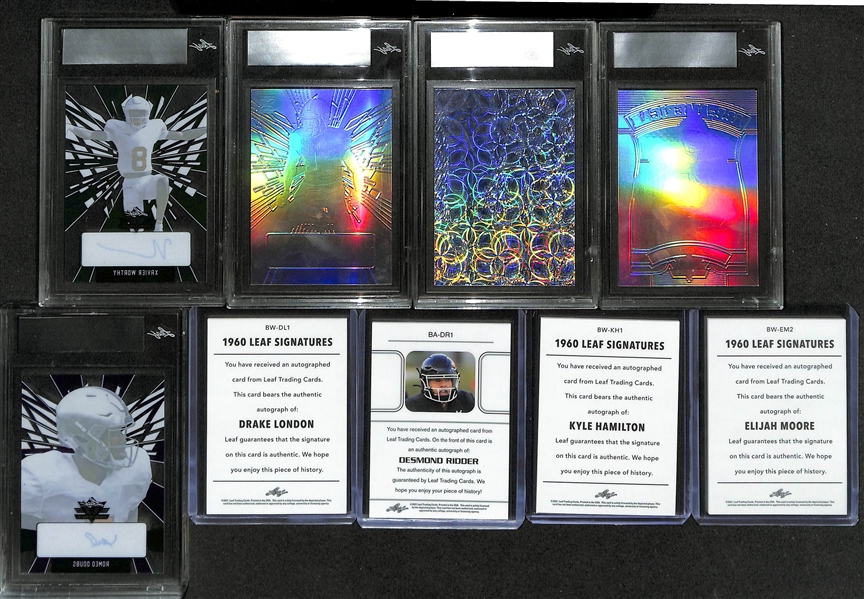 Lot of (9) Leaf Rookie Autographs- Xavier Worthy (#/1), George Pickens (#/1), Aidan Hutchinson (#/1), Sam Howell (#/1), Romeo Doubs (#/1), Drake London (#/99), Desmond Ridder (#/50), Kyle Hamilton...