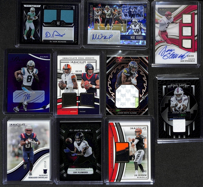 Lot of (10) Football Cards inc. 2023 Obsidian De'Von Achane Rookie Patch Autograph (#/149), 2023 Immaculate Deshaun Watson/CJ Stroud Dual Rookie Patch (#/49), +