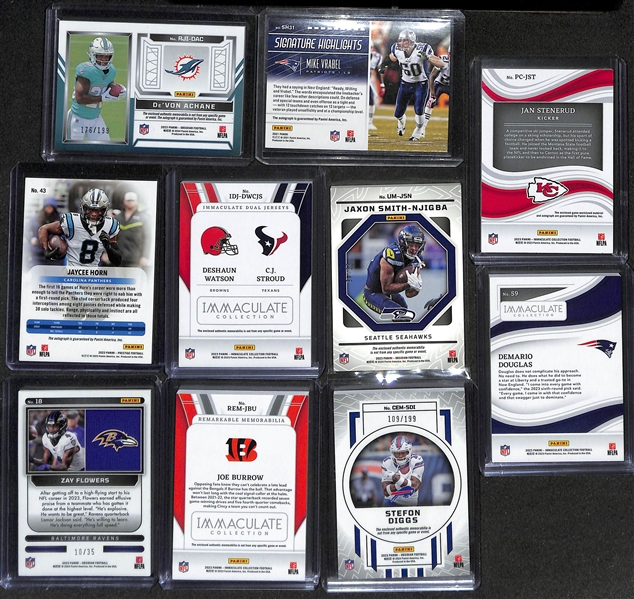 Lot of (10) Football Cards inc. 2023 Obsidian De'Von Achane Rookie Patch Autograph (#/149), 2023 Immaculate Deshaun Watson/CJ Stroud Dual Rookie Patch (#/49), +