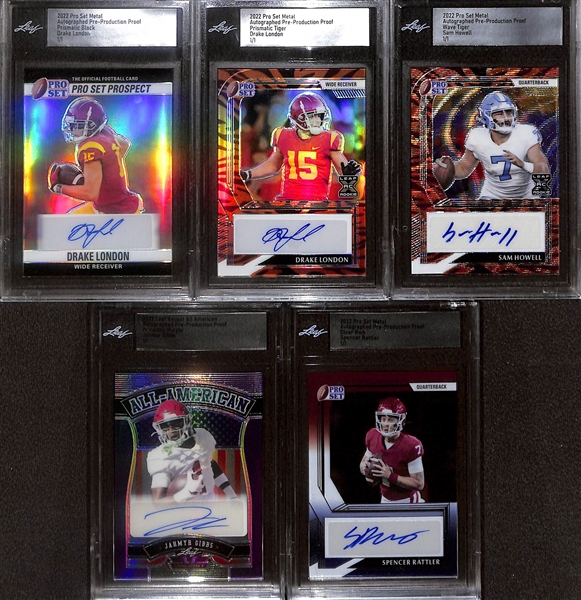 Lot of (5) 2022 Leaf Football Pre Production Proof Rookie Autograph 1/1s- (2) Drake London, Sam Howell, Jahmyr Gibbs, Spencer Rattler