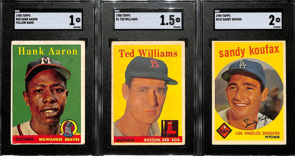 Graded Lot - 1958 Hank Aaron (Yellow Name) #30 (SGC 1), 1958 Ted Williams #1 (SGC 1.5), 1959 Sandy Koufax #163 (SGC 2)