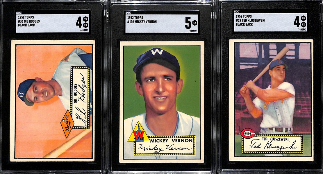 Lot of (3) SGC Graded 1952 Topps Cards- Gil Hodges (SGC 4), Mickey Vernon (SGC 5), Ted Kluszewski (SGC 4)