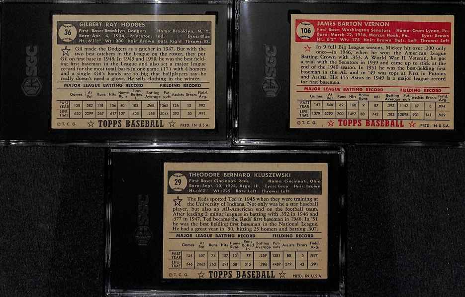 Lot of (3) SGC Graded 1952 Topps Cards- Gil Hodges (SGC 4), Mickey Vernon (SGC 5), Ted Kluszewski (SGC 4)