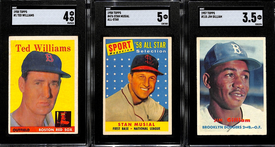 Lot of (3) SGC Graded 1950s Topps Cards - 1958 Topps Ted Williams (SGC 4), 1958 Topps Stan Musial All Star (SGC 5), 1957 Topps Jim Gilliam (SGC 3.5)