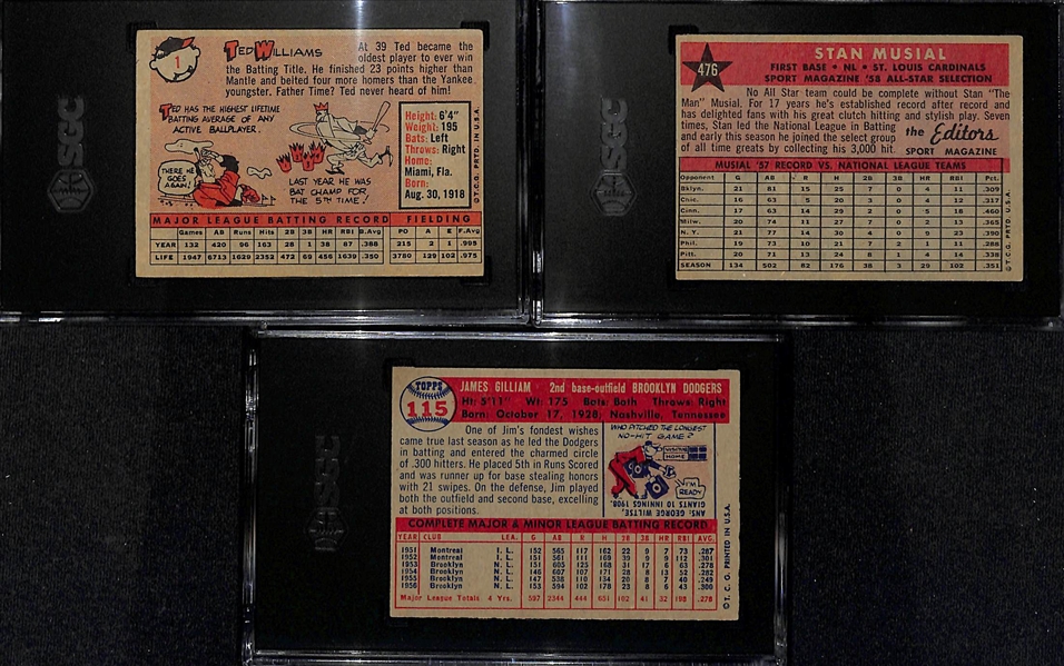 Lot of (3) SGC Graded 1950s Topps Cards - 1958 Topps Ted Williams (SGC 4), 1958 Topps Stan Musial All Star (SGC 5), 1957 Topps Jim Gilliam (SGC 3.5)