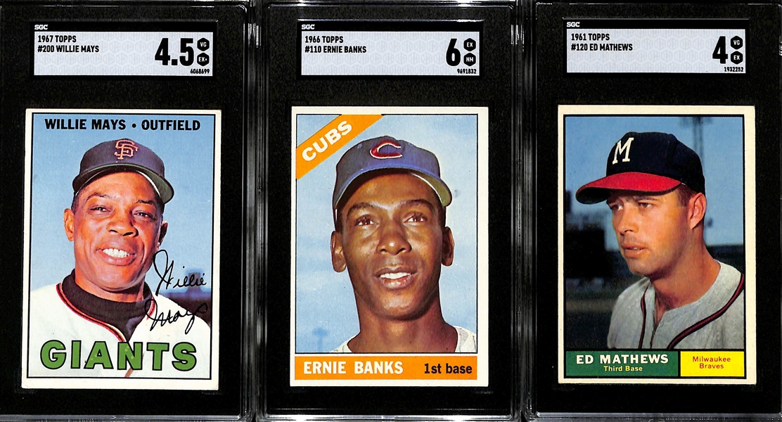 Lot of (3) SGC Graded 1960s Topps Cards- 1967 Topps Willie Mays (SGC 4.5), 1966 Topps Ernie Banks (SGC 6), 1961 Topps Ed Matthews (SGC 4)