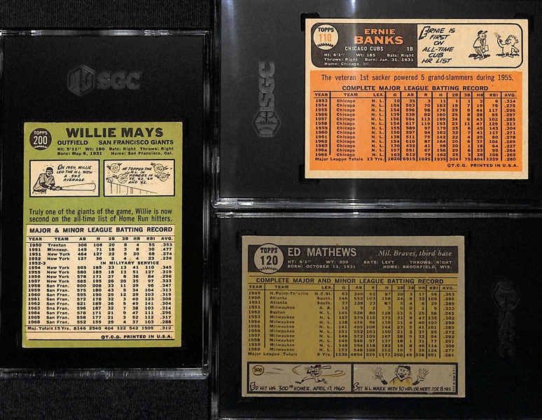 Lot of (3) SGC Graded 1960s Topps Cards- 1967 Topps Willie Mays (SGC 4.5), 1966 Topps Ernie Banks (SGC 6), 1961 Topps Ed Matthews (SGC 4)