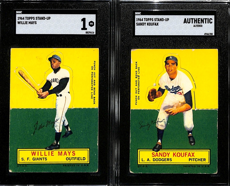 Lot of (2) SGC Graded 1964 Topps Stand-Up Cards- Willie Mays (SGC 1), Sandy Koufax (SGC Authentic)