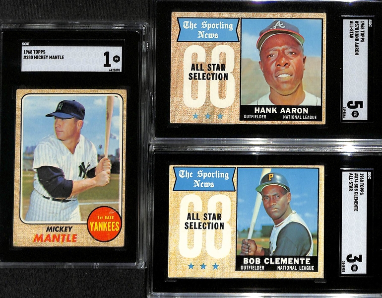 Lot of (3) SGC Graded 1968 Topps Cards- Mickey Mantle (SGC 1), Hank Aaron All Star (SGC 5), Bob Clemente All Star (SGC 3)