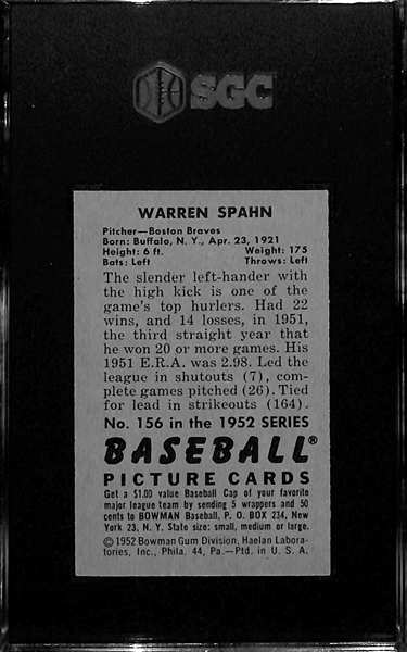 1952 Bowman Warren Spahn Graded SGC 7.5