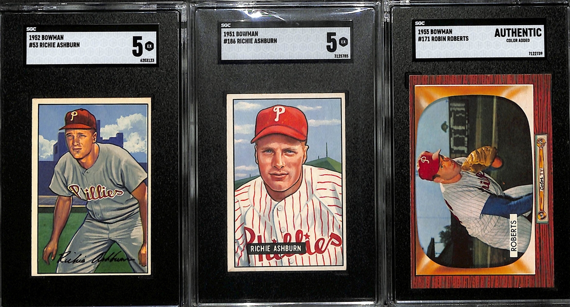 Lot of (3) SGC Graded 1950s Bowman Phillies Cards- 1952 Richie Ashburn (SGC 5), 1951 Richie Ashburn (SGC 5), 1955 Bowman Robin Roberts (SGC Authentic)