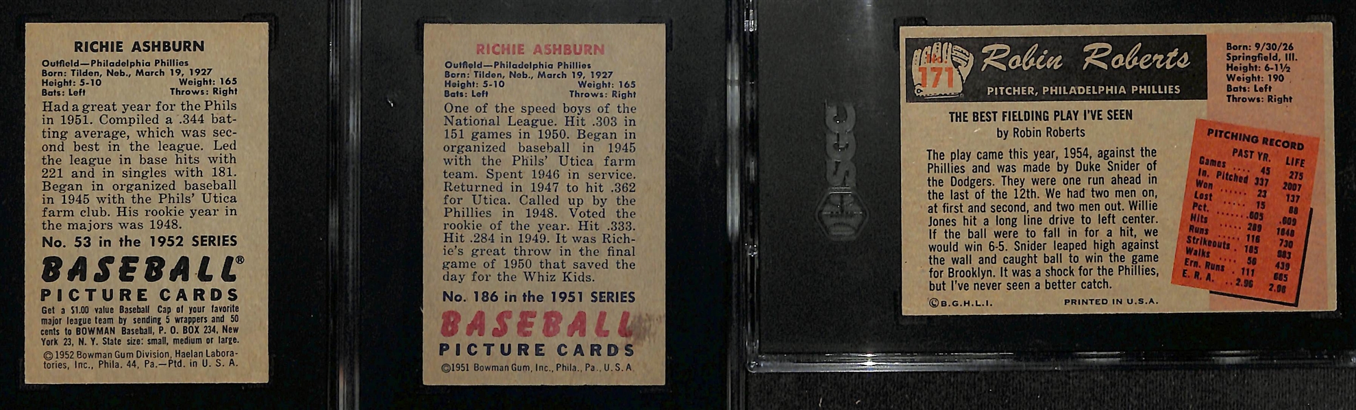 Lot of (3) SGC Graded 1950s Bowman Phillies Cards- 1952 Richie Ashburn (SGC 5), 1951 Richie Ashburn (SGC 5), 1955 Bowman Robin Roberts (SGC Authentic)