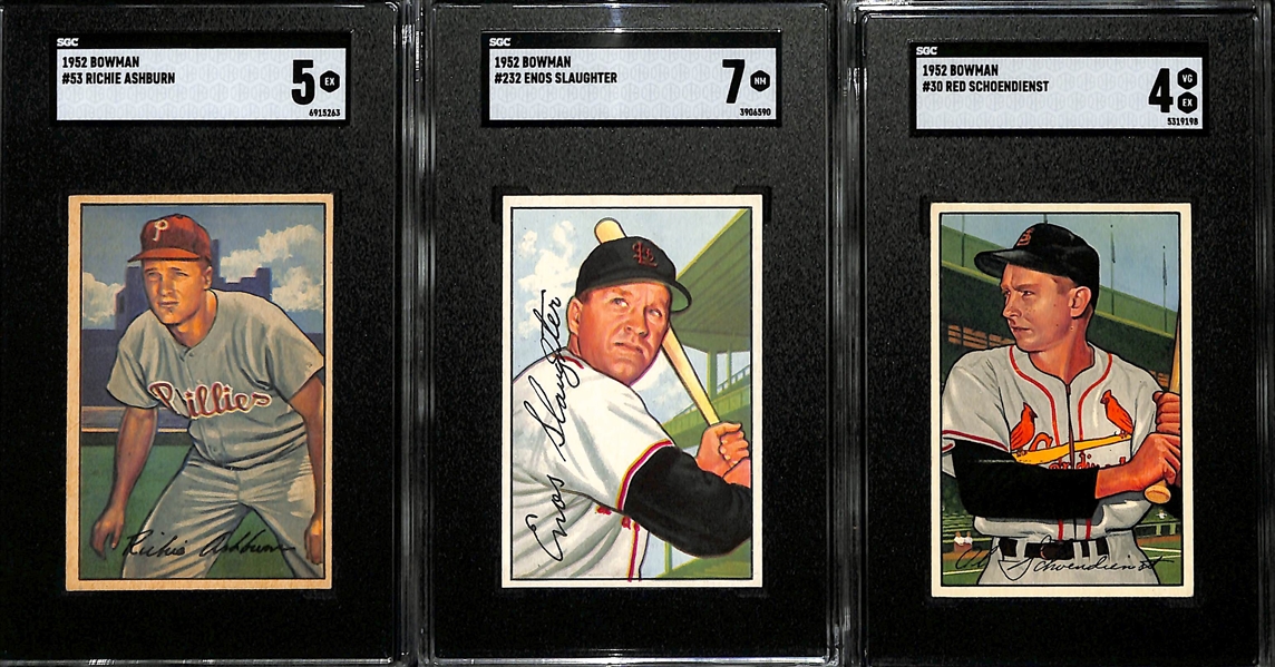 Lot of (3) SGC Graded 1952 Bowman Cards- Richie Ashburn (SGC 5), Enos Slaughter (SGC 7), Red Schoendienst (SGC 4)