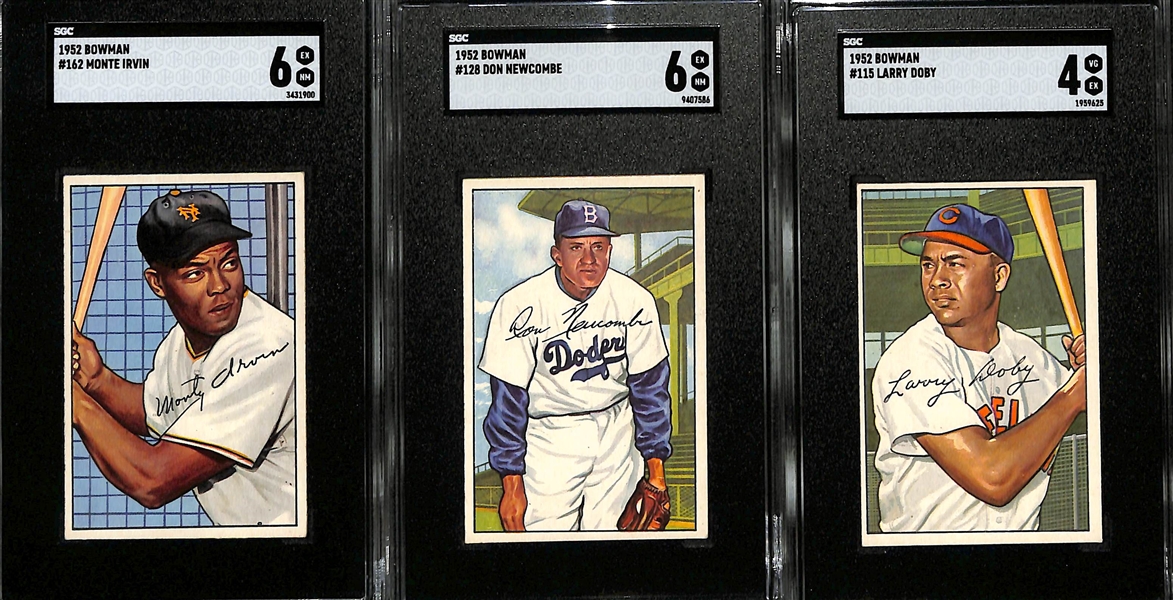 Lot of (3) SGC Graded 1952 Bowman Cards- Monte Irvin (SGC 6), Don Newcombe (SGC 6), Larry Doby (SGC 4)