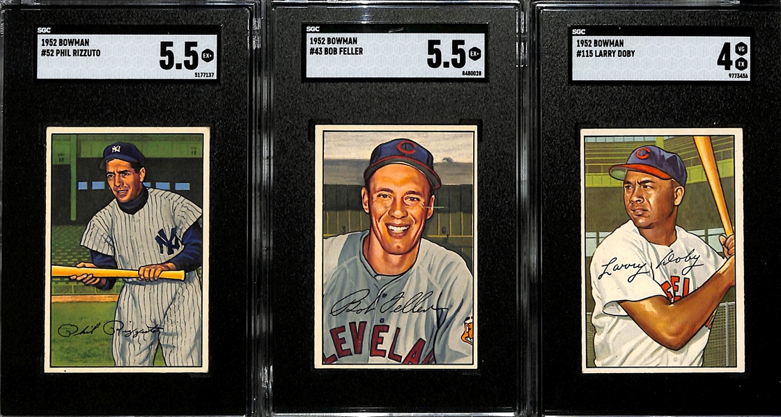 Lot of (3) SGC Graded 1952 Bowman Cards- Phil Rizzuto (SGC 5.5), Bob Feller (SGC 5.5), Larry Doby (SGC 4)