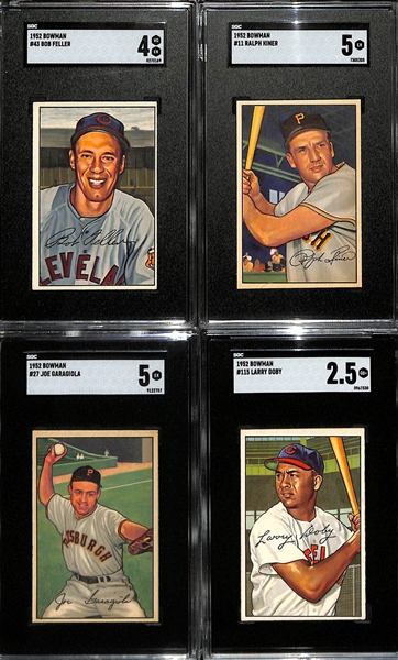 Lot of (4) SGC Graded 1952 Bowman Cards- Bob Feller (SGC 4), Ralph Kiner (SGC 5), Joe Garagiola (SGC 5), Larry Doby (SGC 2.5)