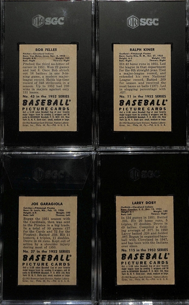 Lot of (4) SGC Graded 1952 Bowman Cards- Bob Feller (SGC 4), Ralph Kiner (SGC 5), Joe Garagiola (SGC 5), Larry Doby (SGC 2.5)