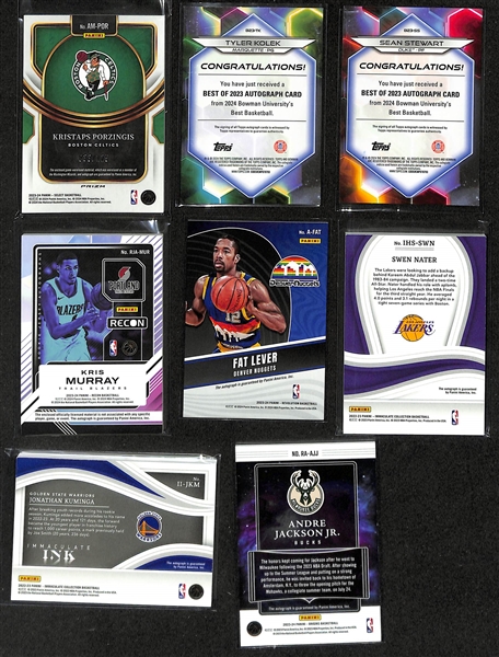 Lot of (29) Basketball Autograph and Jersey Cards inc. 2023-24 Select Kristaps Prozingis Autograph Patch (#/125), 2024 Bowmans Best University Tyler Kolek Rookie Autograph (#/125), +