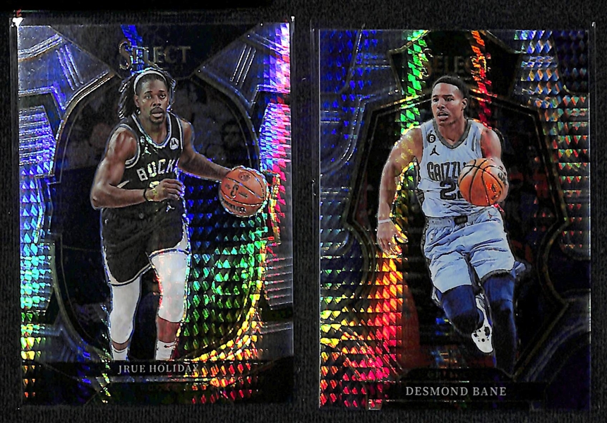 Lot of (10) Serial Numbered Basketball Cards inc. 2019-20 Prizm DeMarre Carroll Black 1/1, 2020-21 Prizm Tyler Bey Black Gold Rookie (#/5), 2022-23 Select Jrue Holiday Lucky Envelopes (#/8), +