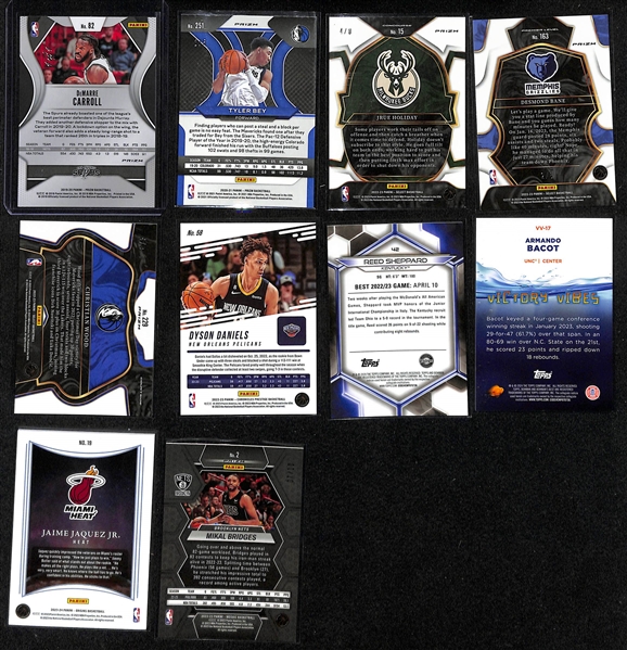 Lot of (10) Serial Numbered Basketball Cards inc. 2019-20 Prizm DeMarre Carroll Black 1/1, 2020-21 Prizm Tyler Bey Black Gold Rookie (#/5), 2022-23 Select Jrue Holiday Lucky Envelopes (#/8), +