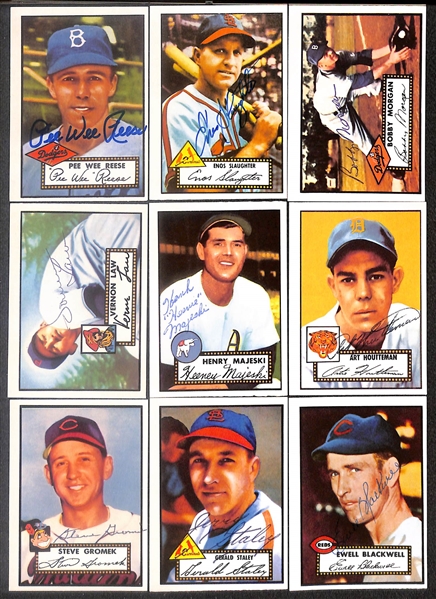 Lot of (39) Signed 1980 1952 Topps Reprint Cards inc. Pee Wee Reese, Enos Slaughter, Bobby Morgan, Vernon Law, Henry Majeski, + (Beckett BAS Reviewed)