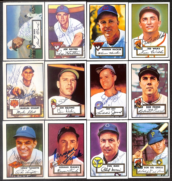 Lot of (39) Signed 1980 1952 Topps Reprint Cards inc. Pee Wee Reese, Enos Slaughter, Bobby Morgan, Vernon Law, Henry Majeski, + (Beckett BAS Reviewed)