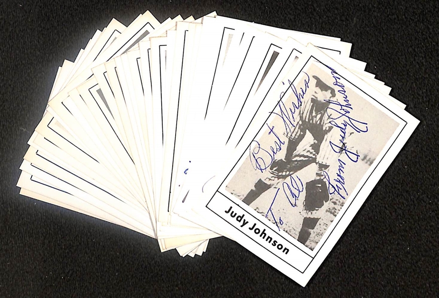 Lot of (33) Signed 1978 Grand Slam Cards inc. Judy Johnson, Dom DiMaggio, Allie Reynolds, Bill Terry, Johnny Vander Meer, Bob Feller, James Bell, + (Beckett BAS Reviewed)